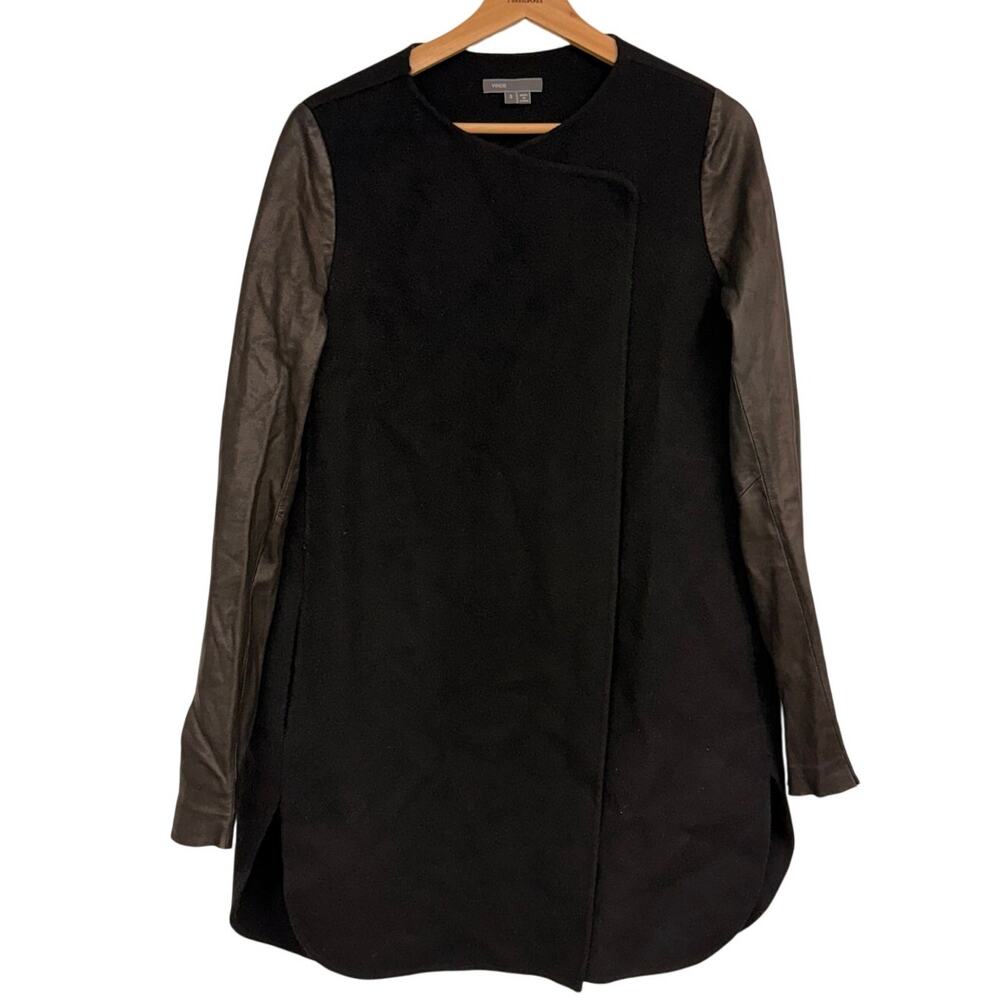 Vince Wool & Genuine Leather Contrast Jacket Longline SZ SMALL Luxury Classic